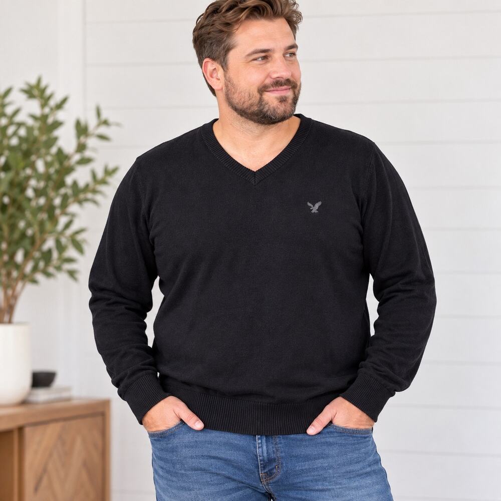 Y2K American Eagle Mens Sweater VNeck Pullover Long Sleeve Vintage Fit Black XXL